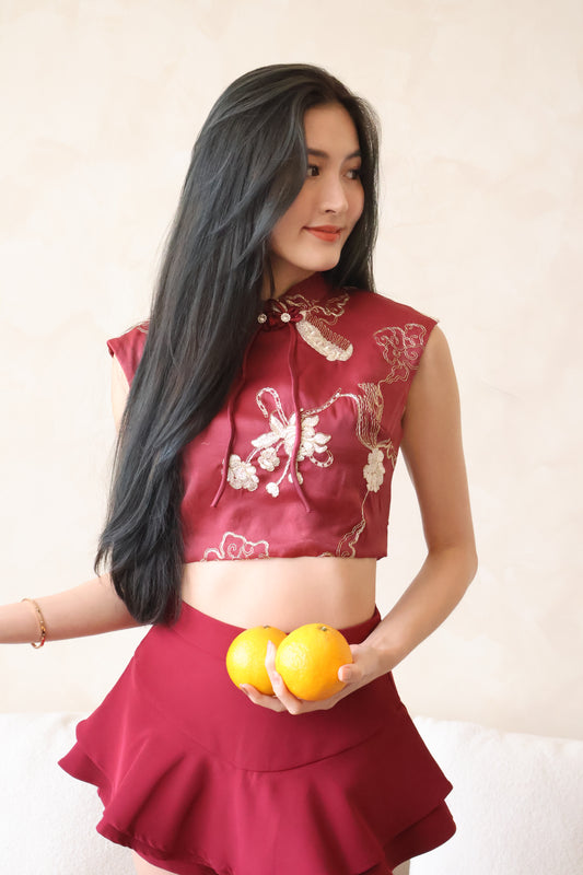 *CNY* *Premium* Xi Le Oriental Co-Ords Set In Maroon