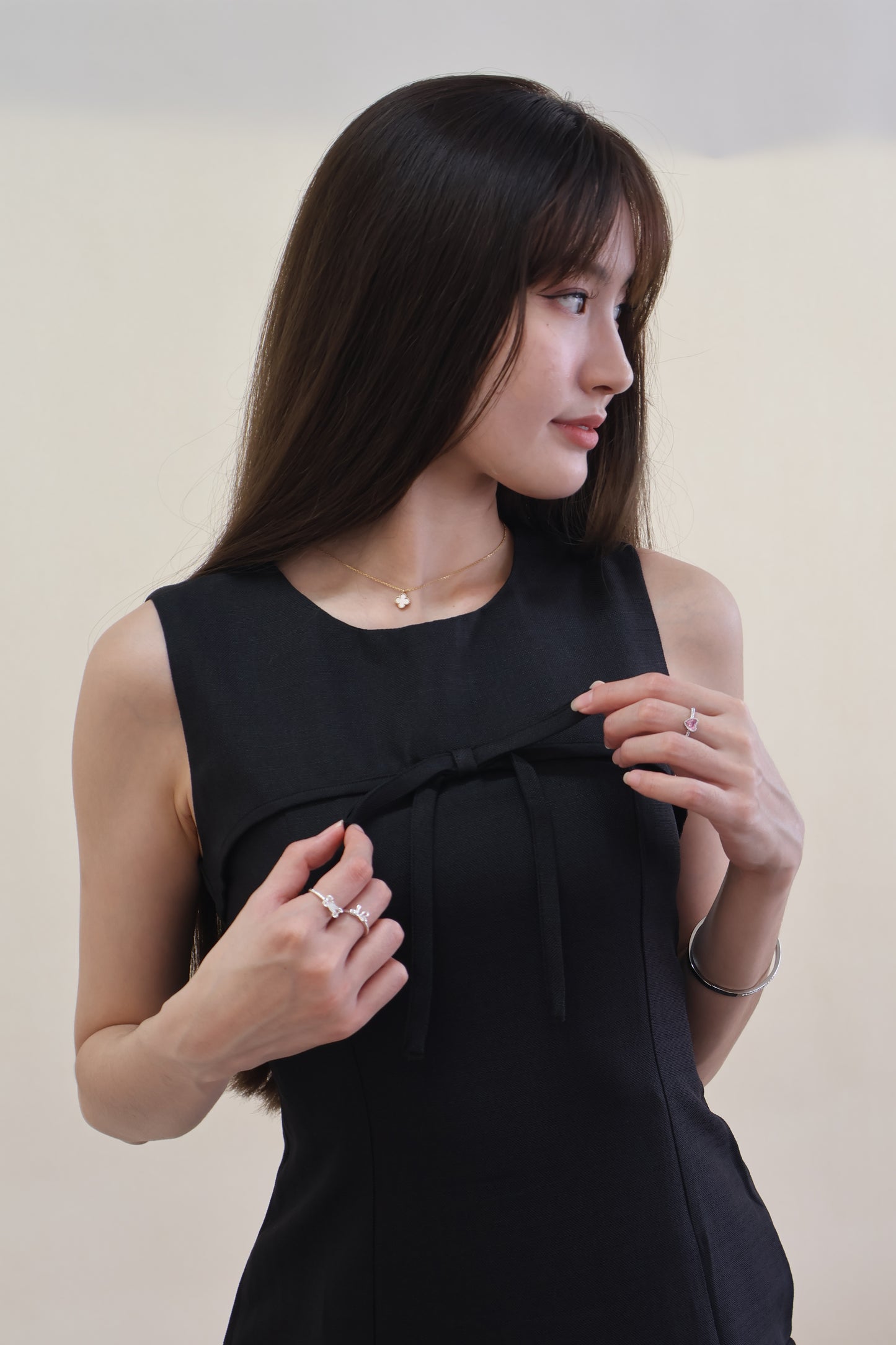 Serene Ribbon Pleat Dress in Black