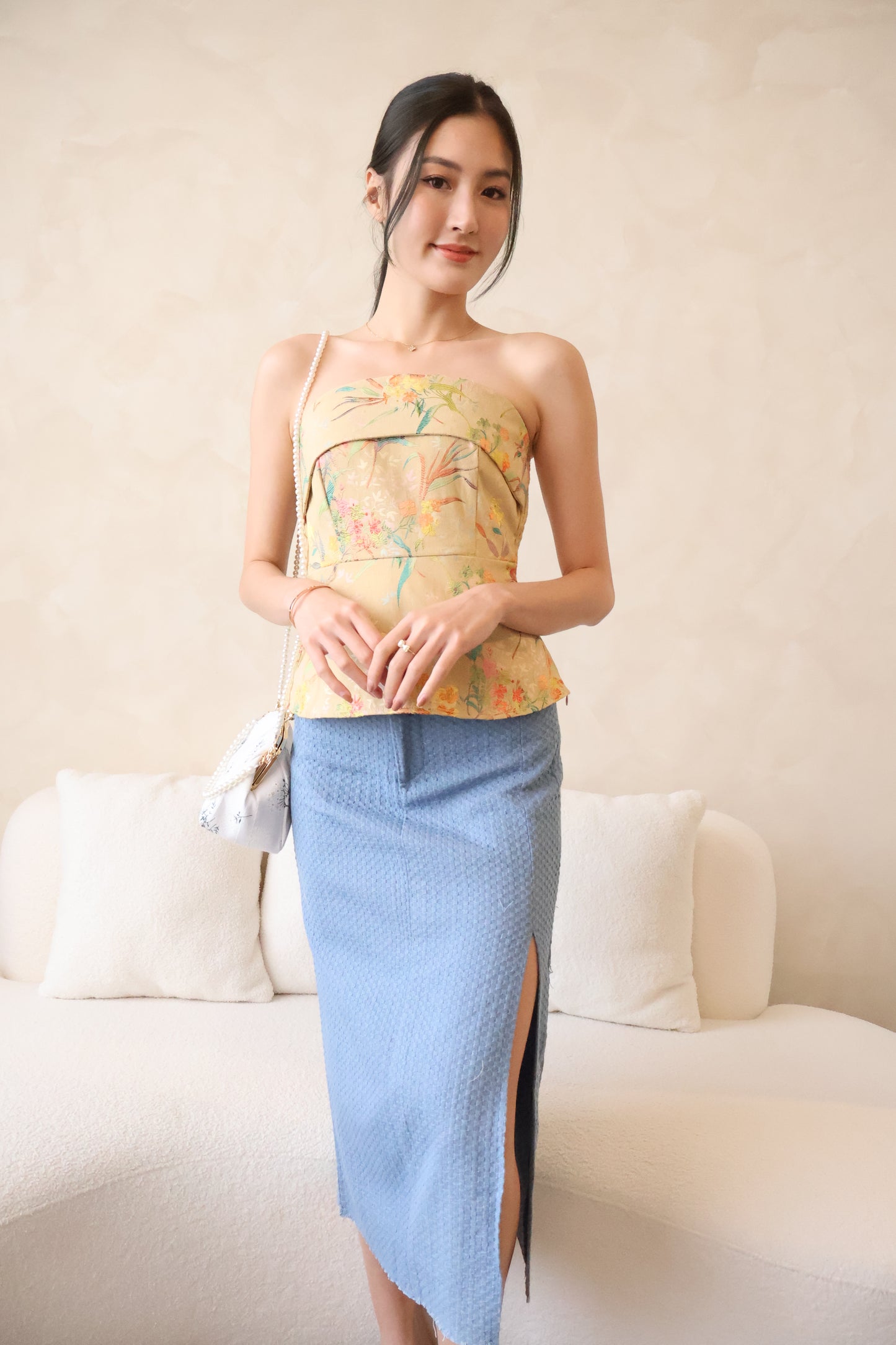 Chun Denim Slit Skirt In Mid Wash