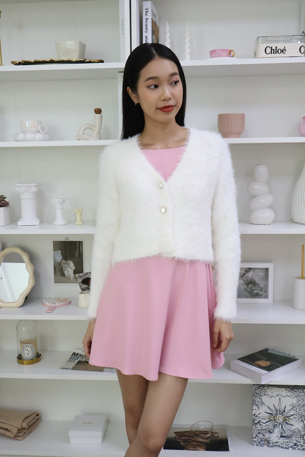 AVERYDAY Alexandra Furry Cardigan in Pearl White