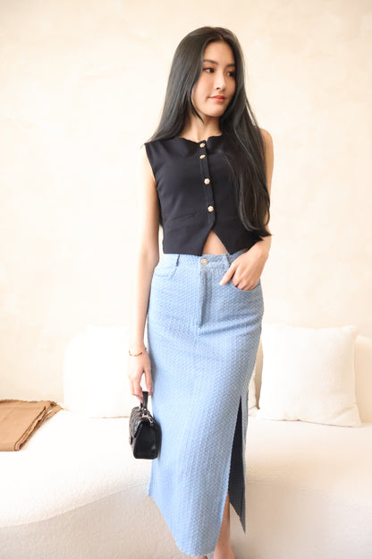 Chun Denim Slit Skirt In Mid Wash