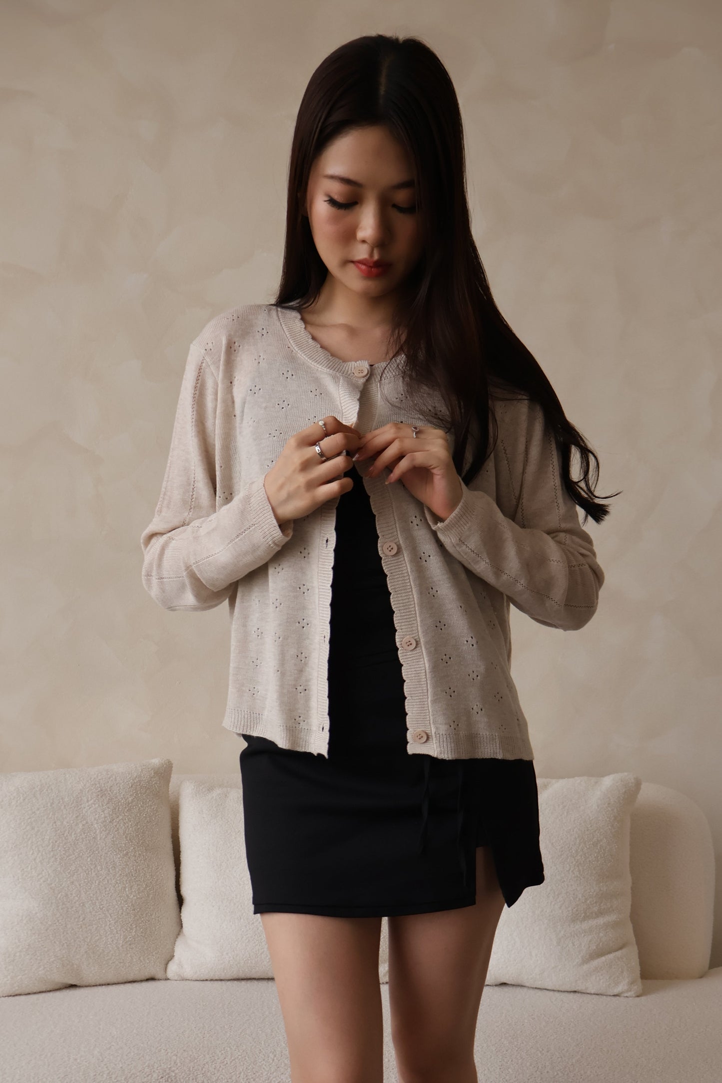 Alice Scallop Trim Knit Cardigan In Oat