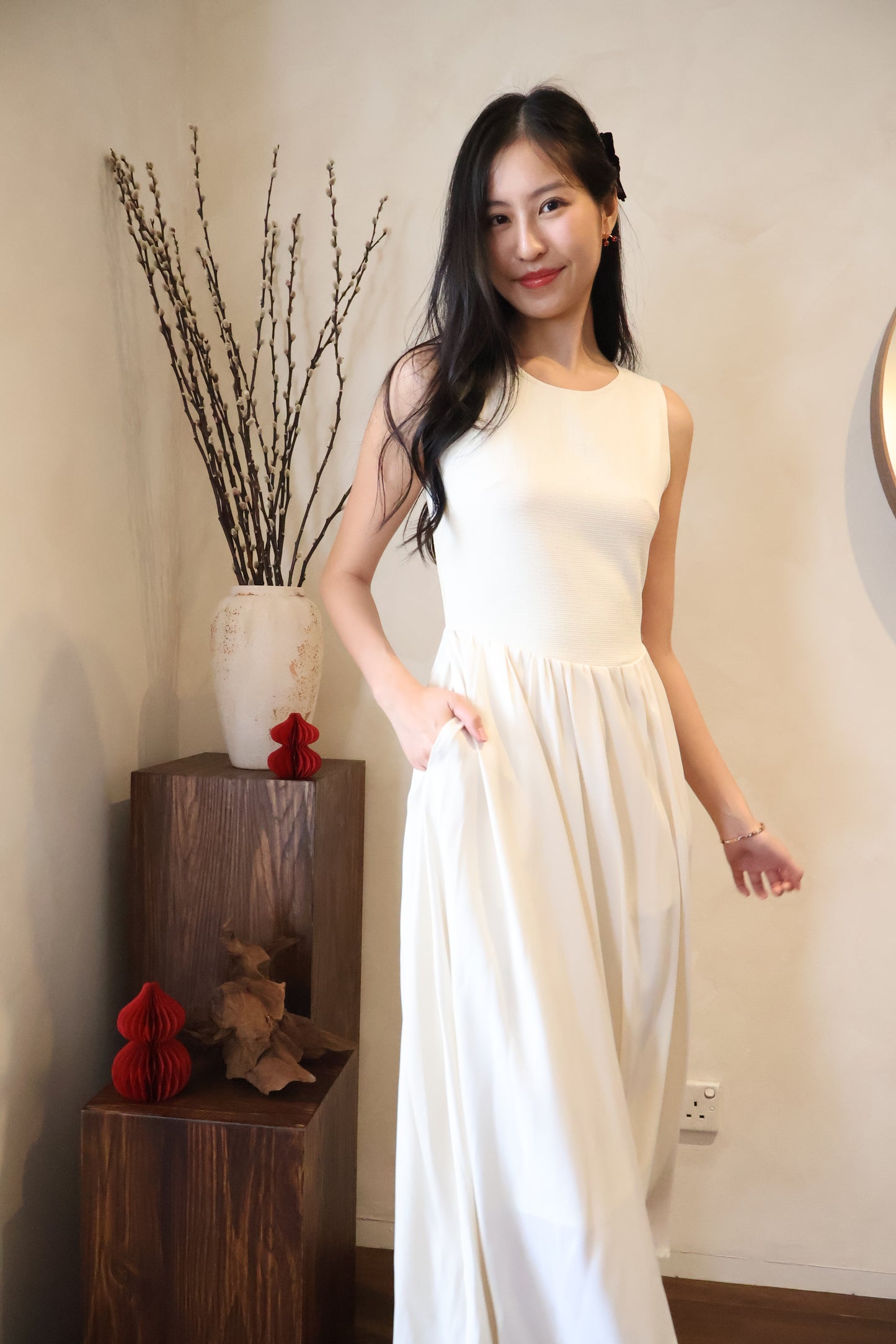 *Premium* HeartStrings Tweed Midi Dress In Cream