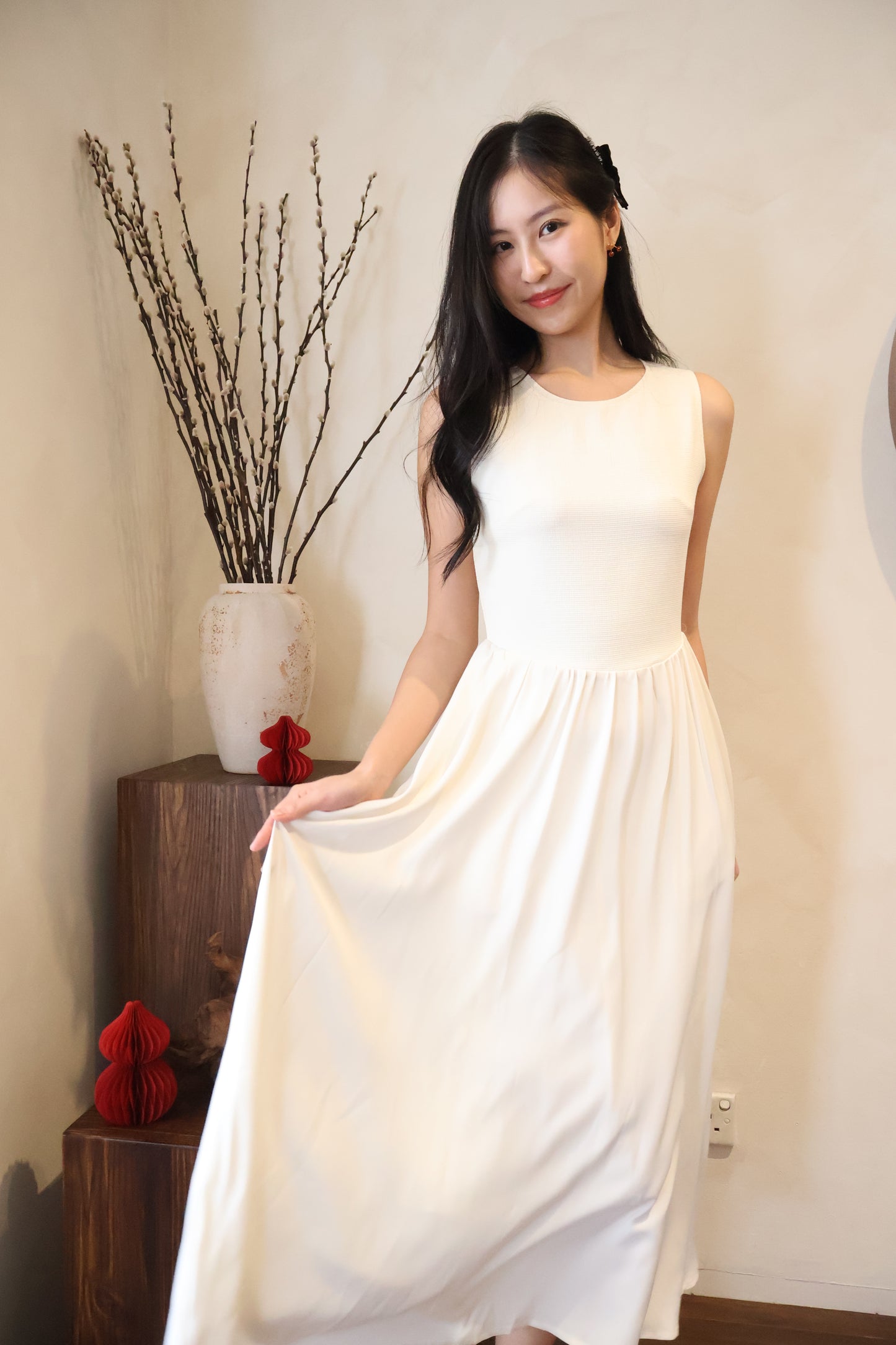 *Premium* HeartStrings Tweed Midi Dress In Cream