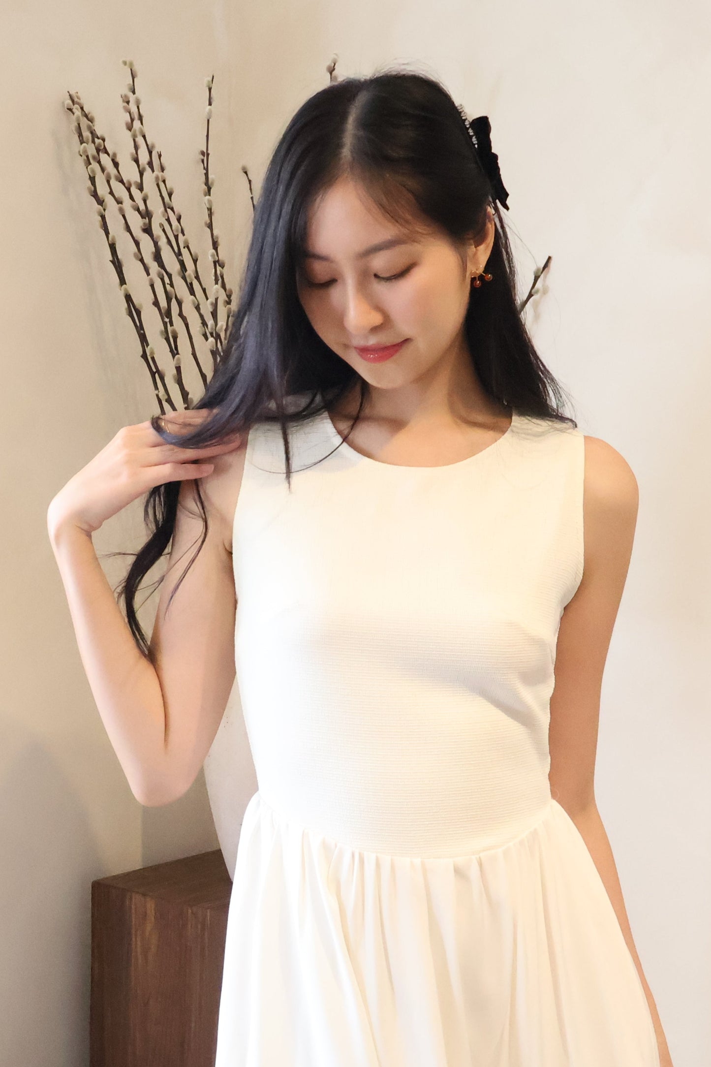 *Premium* HeartStrings Tweed Midi Dress In Cream