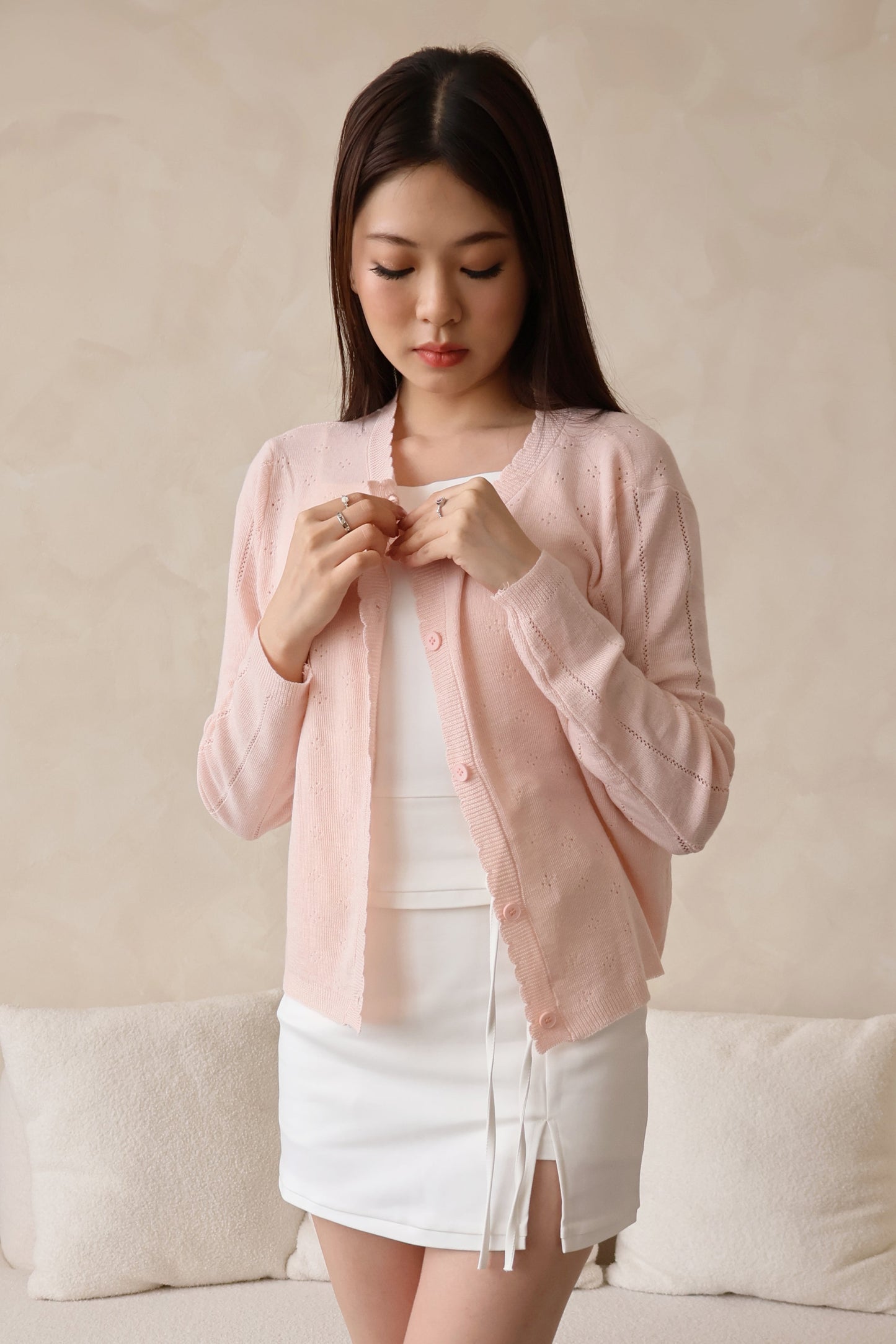 Alice Scallop Trim Knit Cardigan In Pink