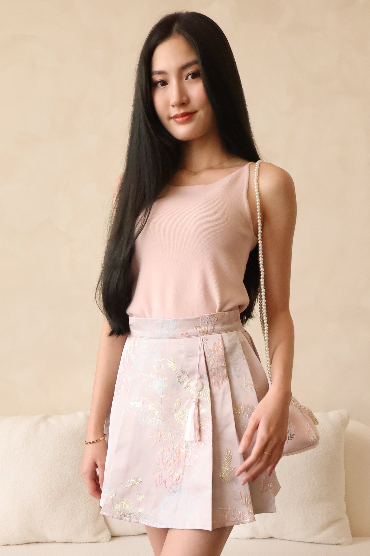 *CNY* Fu Pendant Embroidered Pleated Skorts In Pink