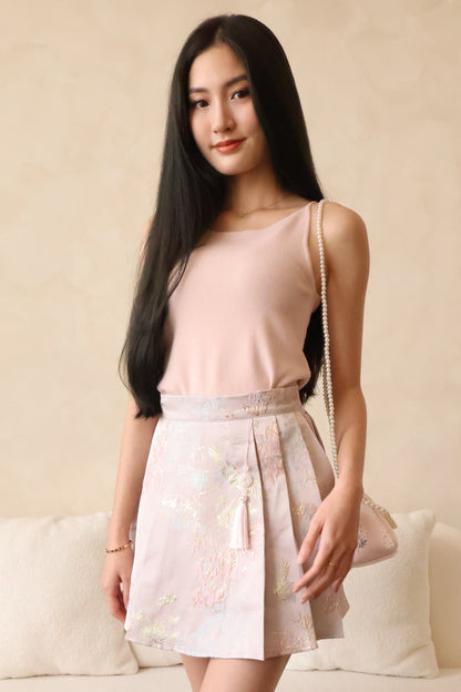 *CNY* Fu Pendant Embroidered Pleated Skorts In Pink