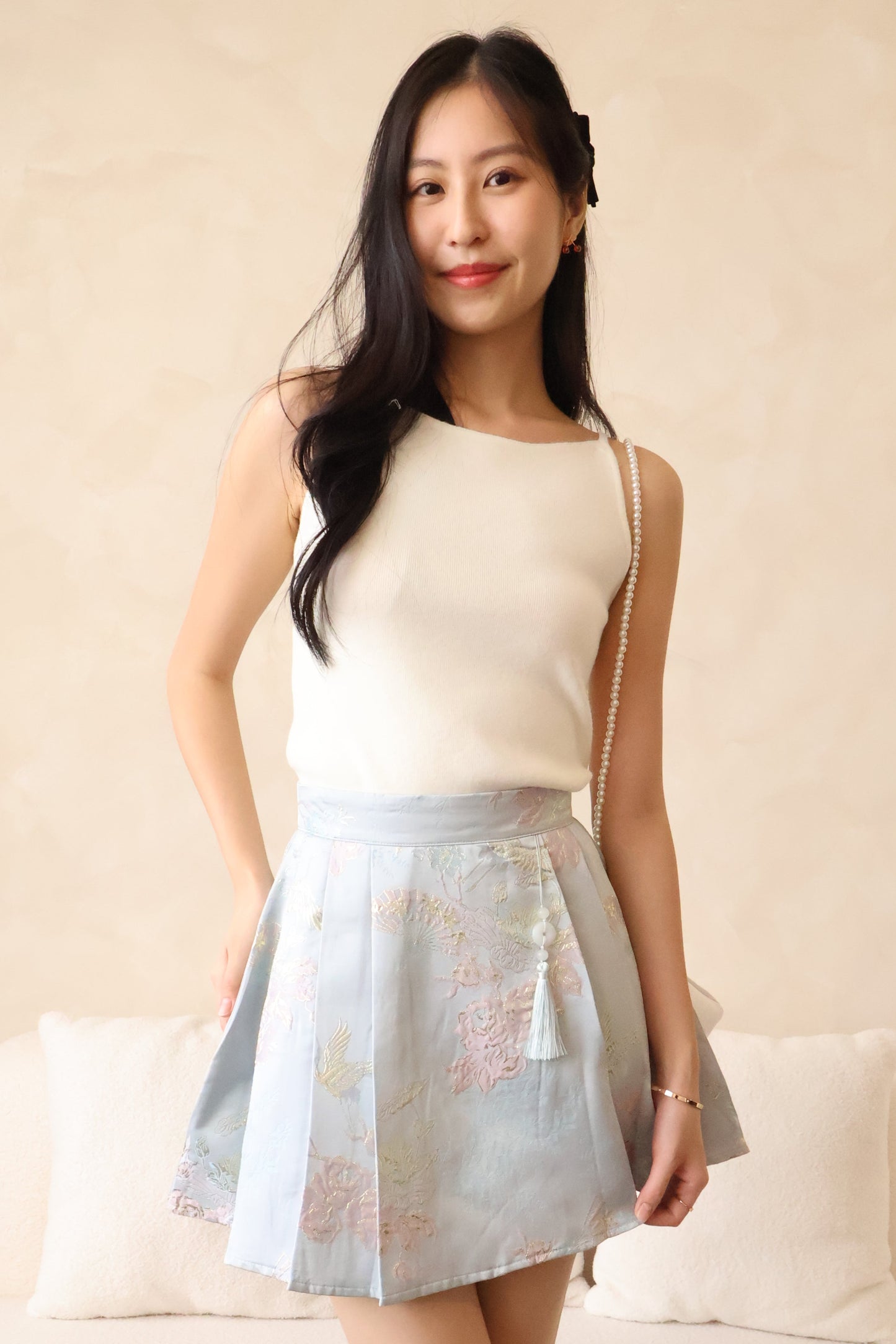 *CNY* Fu Pendant Embroidered Pleated Skorts In Blue