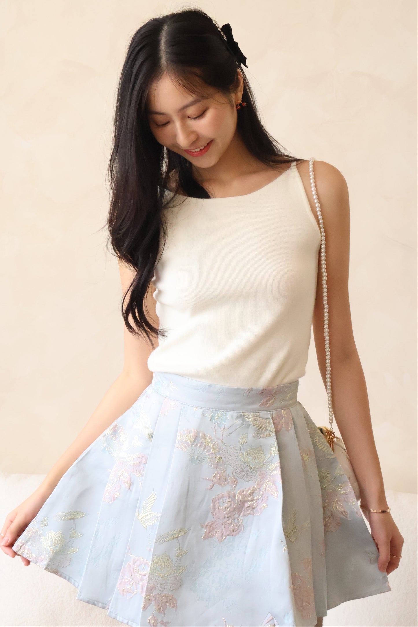 *CNY* Fu Pendant Embroidered Pleated Skorts In Blue