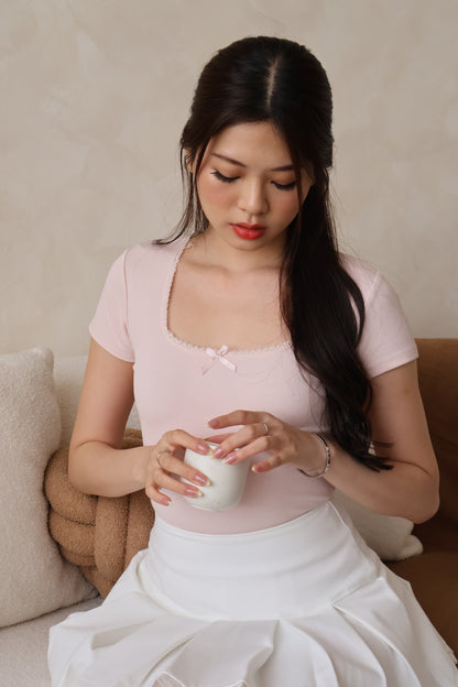 Evie Ribbon Ribbed Top In Pink