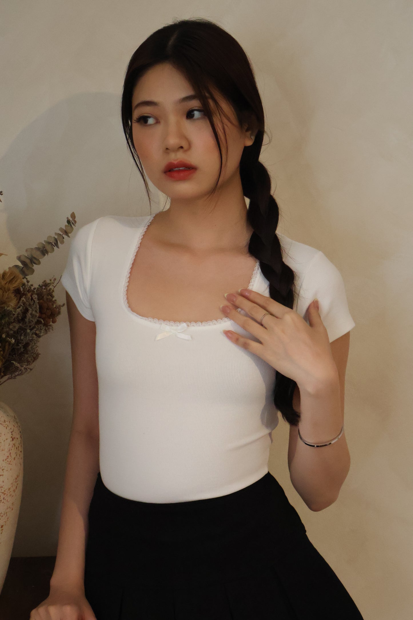 Evie Ribbon Ribbed Top In White