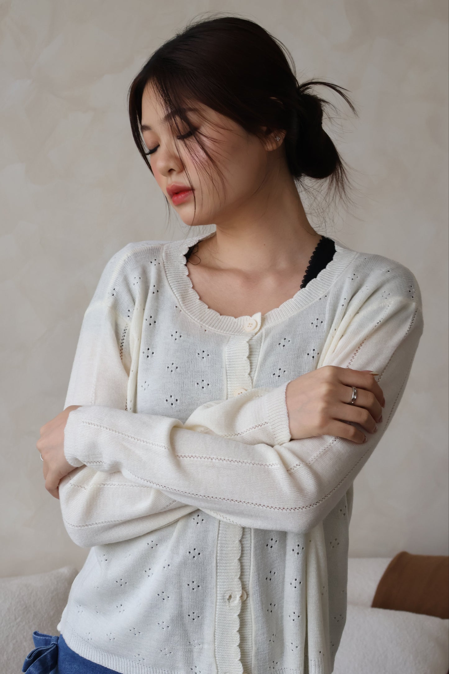 Alice Scallop Trim Knit Cardigan In Cream