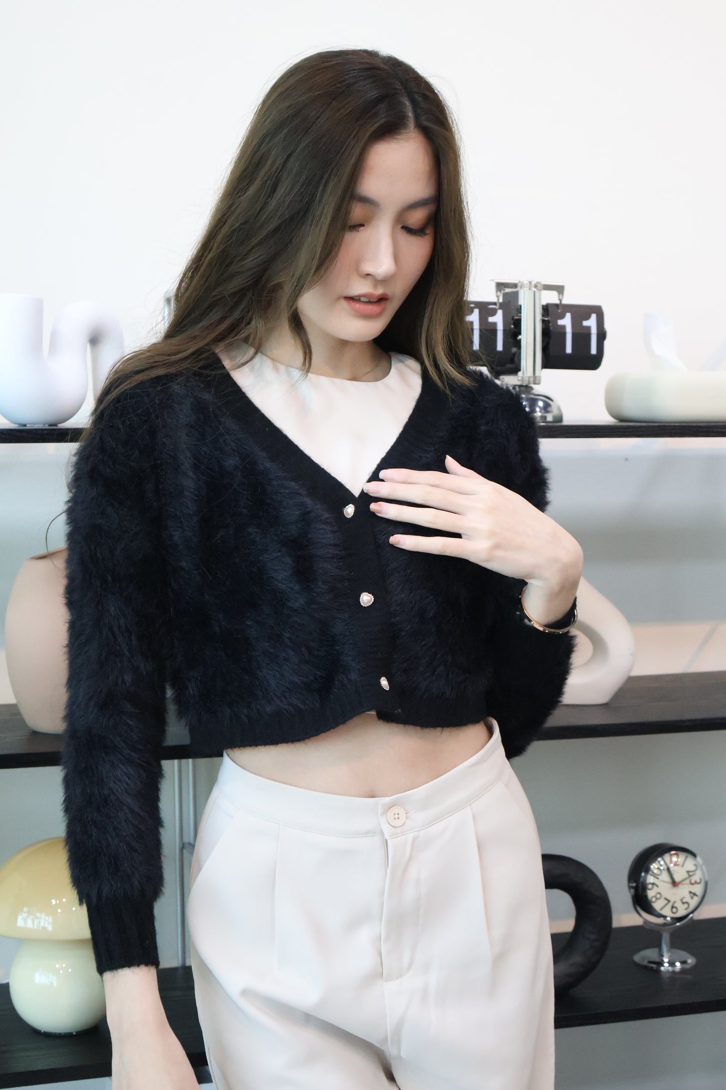 Zeta Heart Button Soft Furry Cardigan In Black