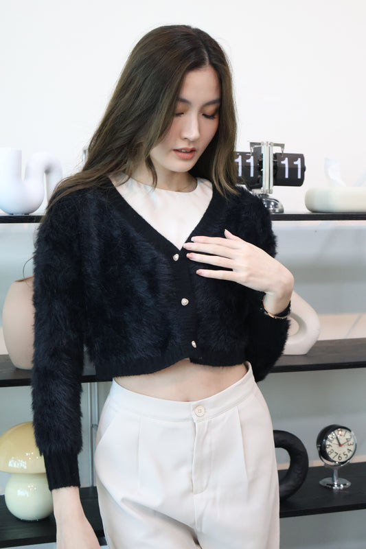 Zeta Heart Button Soft Furry Cardigan In Black