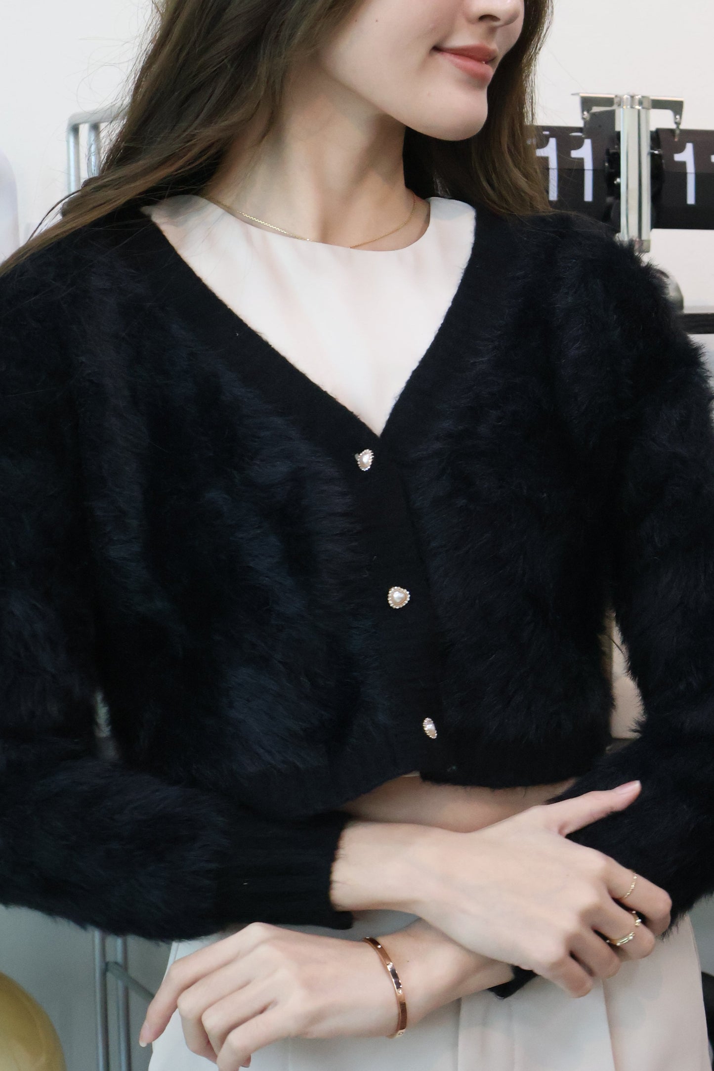 Zeta Heart Button Soft Furry Cardigan In Black