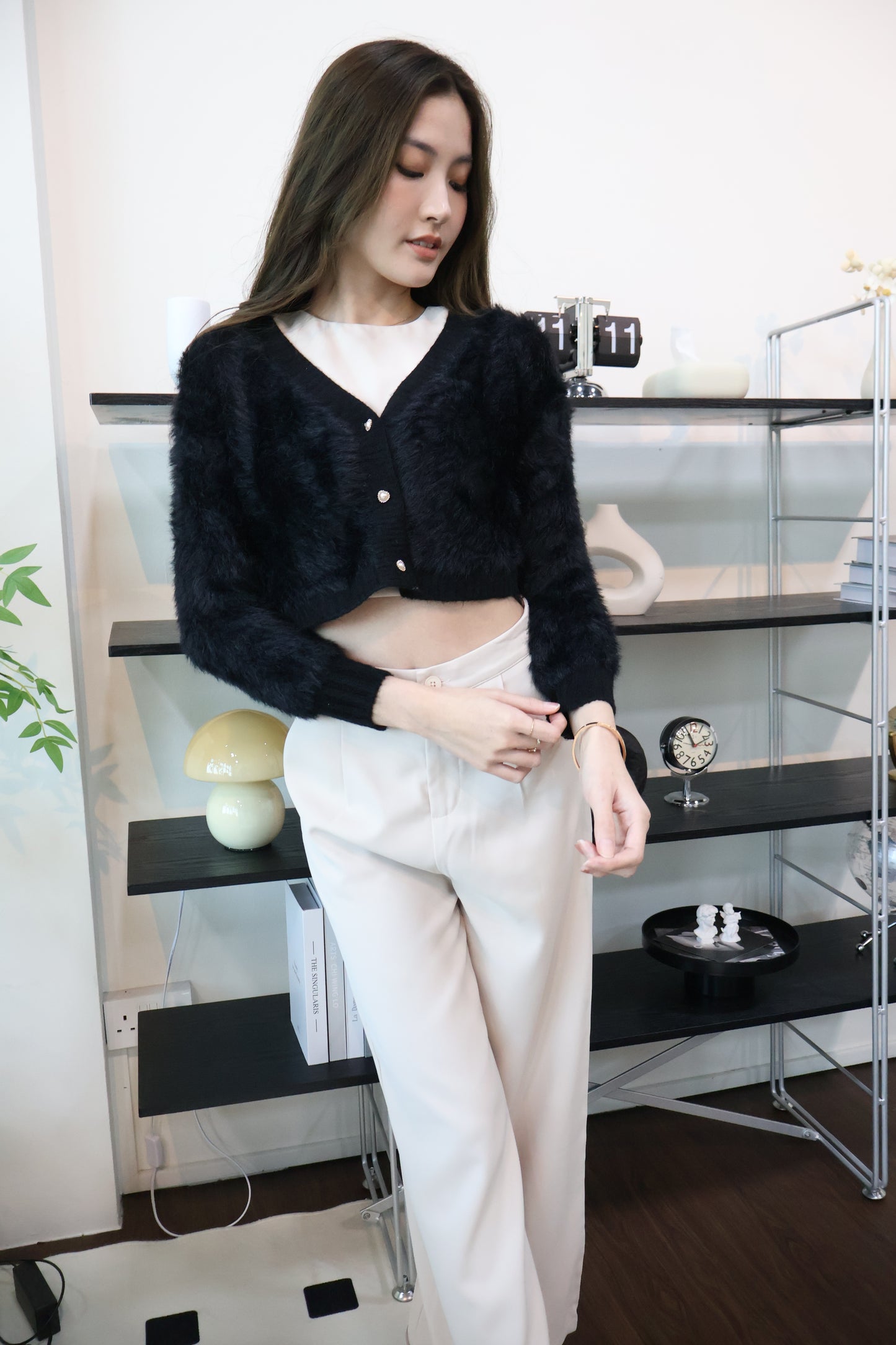 Zeta Heart Button Soft Furry Cardigan In Black