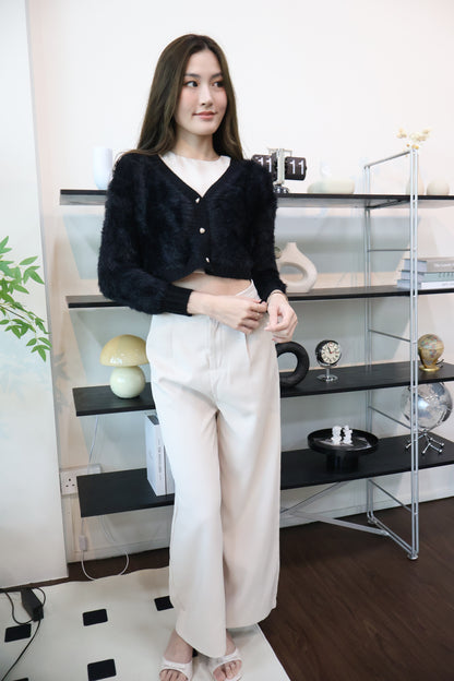 Zeta Heart Button Soft Furry Cardigan In Black