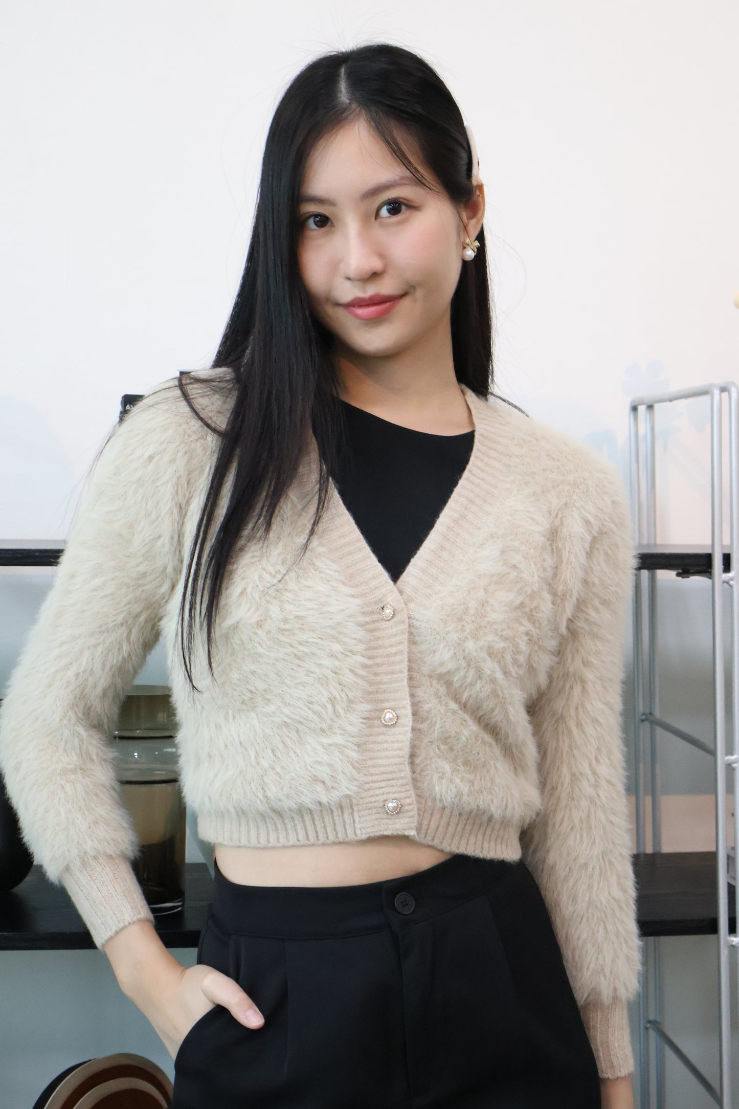 Zeta Heart Button Soft Furry Cardigan In Khaki