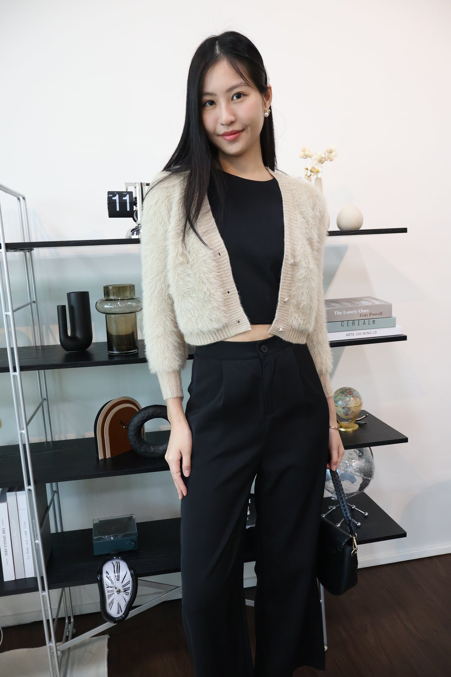 Zeta Heart Button Soft Furry Cardigan In Khaki