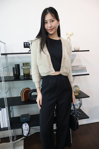 Zeta Heart Button Soft Furry Cardigan In Khaki