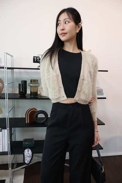 Zeta Heart Button Soft Furry Cardigan In Khaki