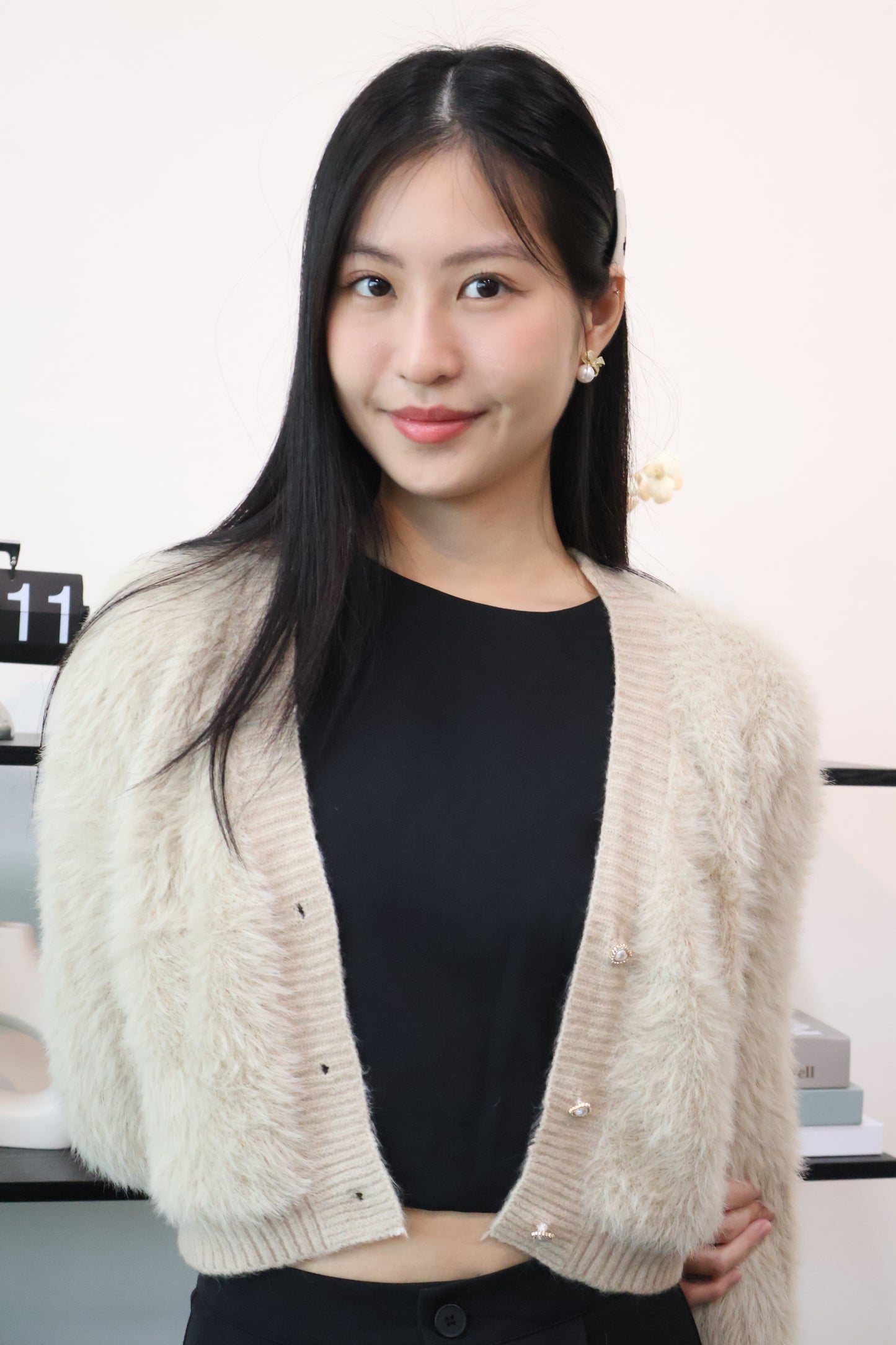 Zeta Heart Button Soft Furry Cardigan In Khaki