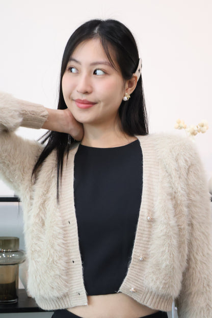 Zeta Heart Button Soft Furry Cardigan In Khaki