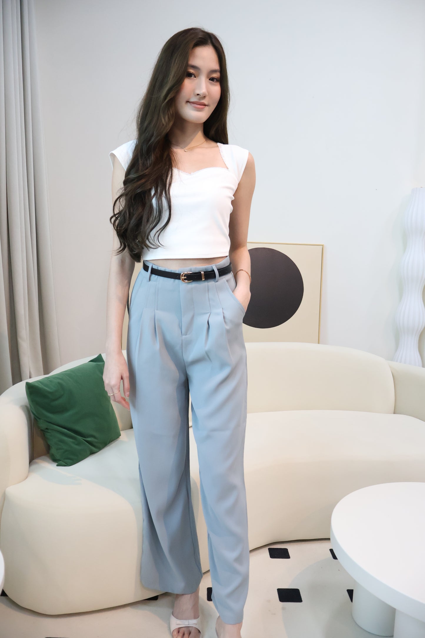 Kendall Belted High Waist Trousers In Blue