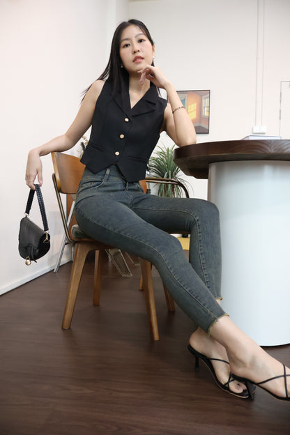 Rosie Gold Button Vest Top In Black