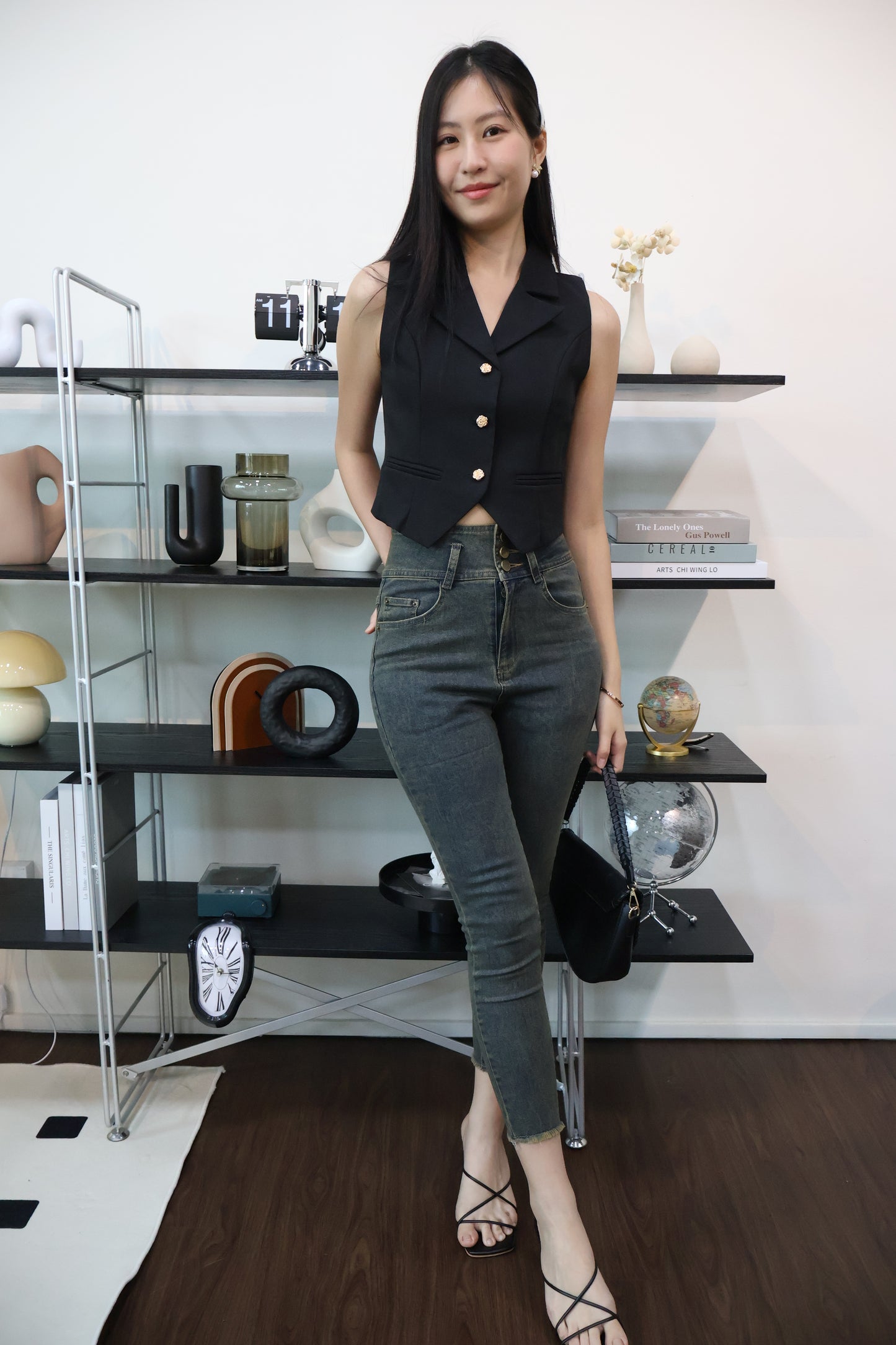 Rosie Gold Button Vest Top In Black