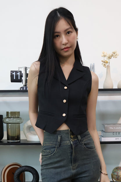 Rosie Gold Button Vest Top In Black