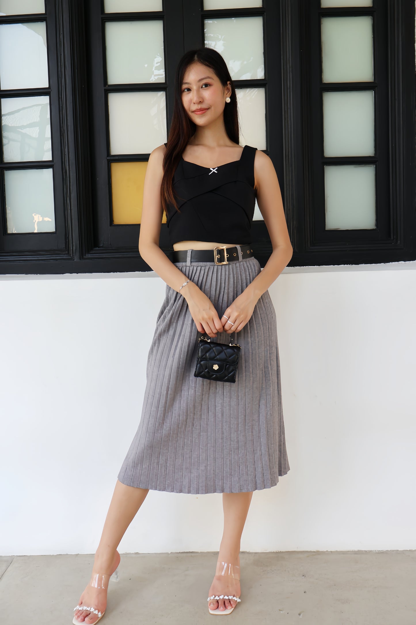 Louisa Belted Soft Knit Pleat Midi Skirt In Grey