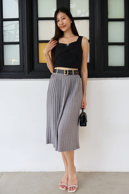 Louisa Belted Soft Knit Pleat Midi Skirt In Grey