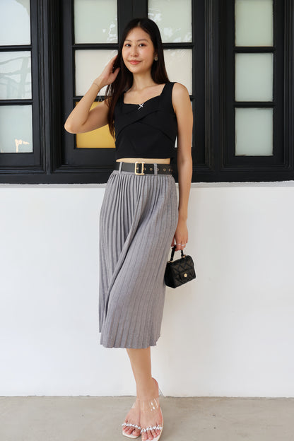 Louisa Belted Soft Knit Pleat Midi Skirt In Grey