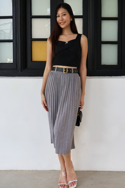 Louisa Belted Soft Knit Pleat Midi Skirt In Grey