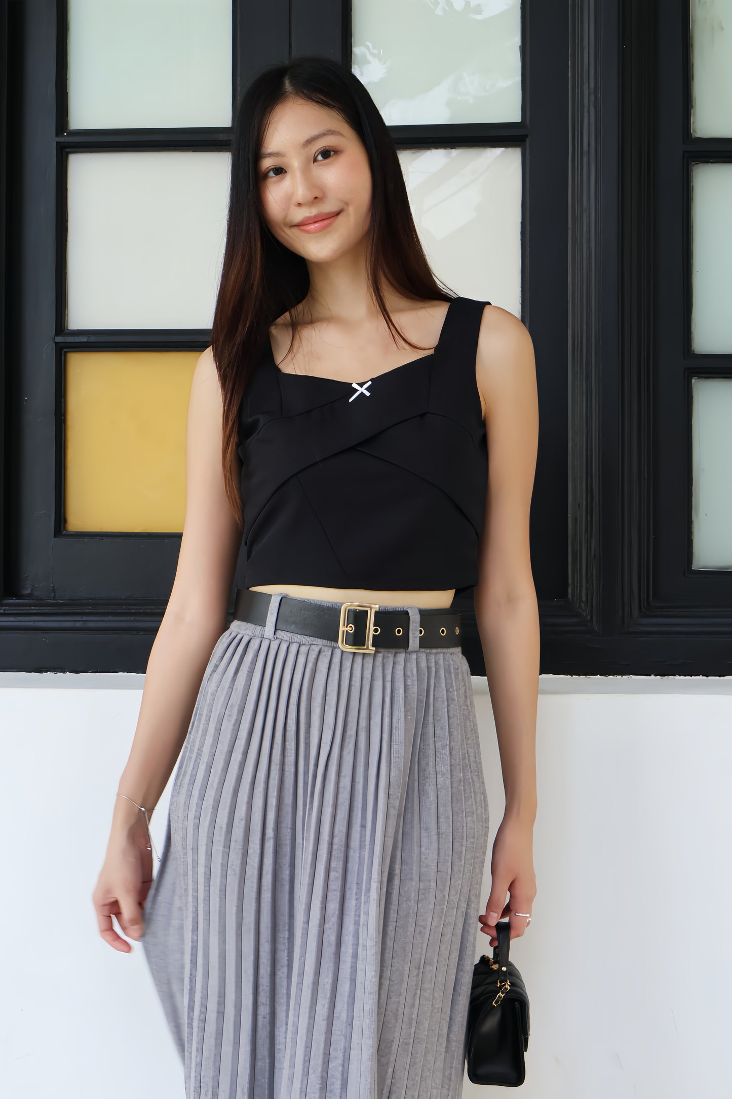 Louisa Belted Soft Knit Pleat Midi Skirt In Grey