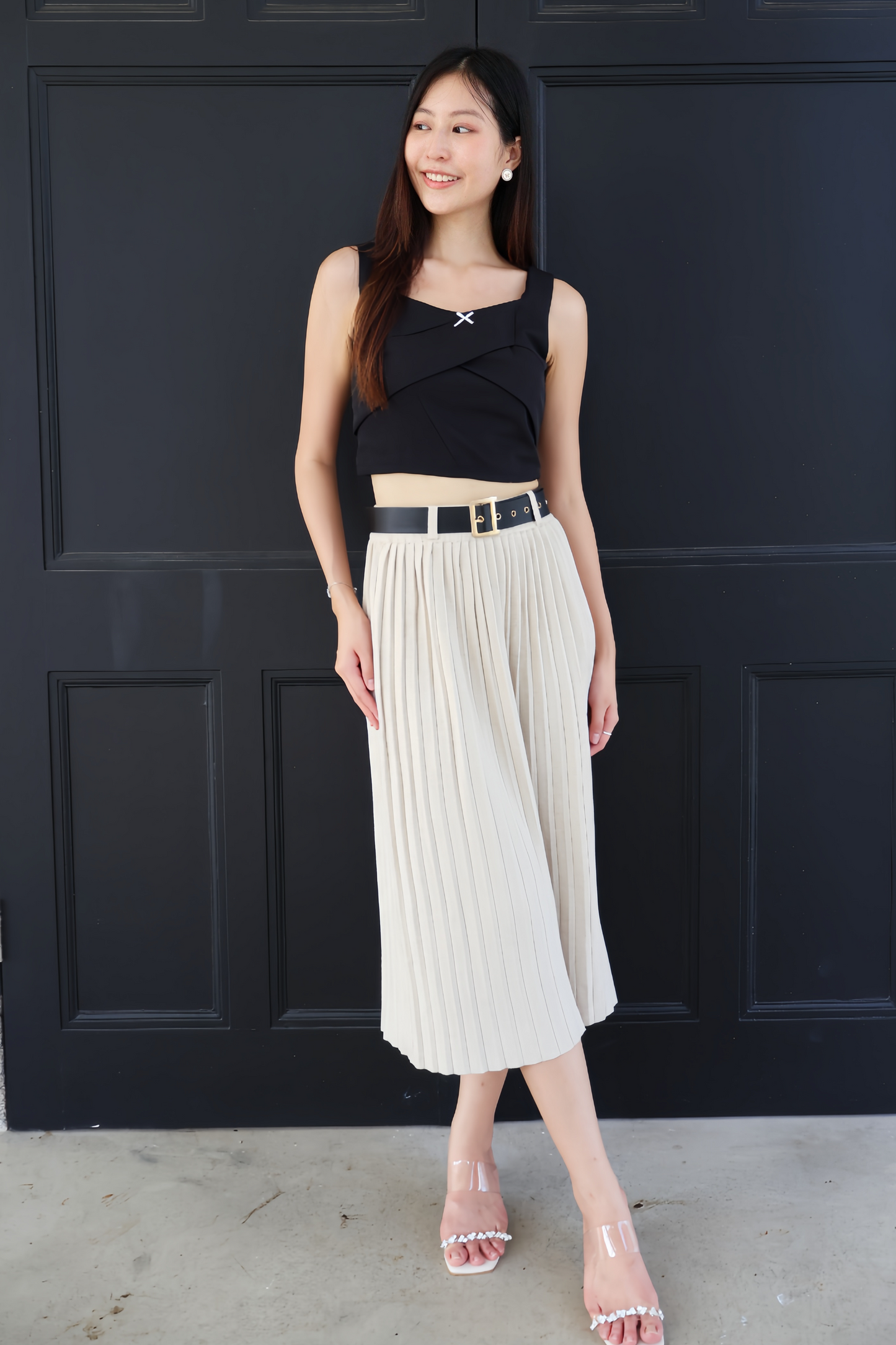 Louisa Belted Soft Knit Pleat Midi Skirt In Cream