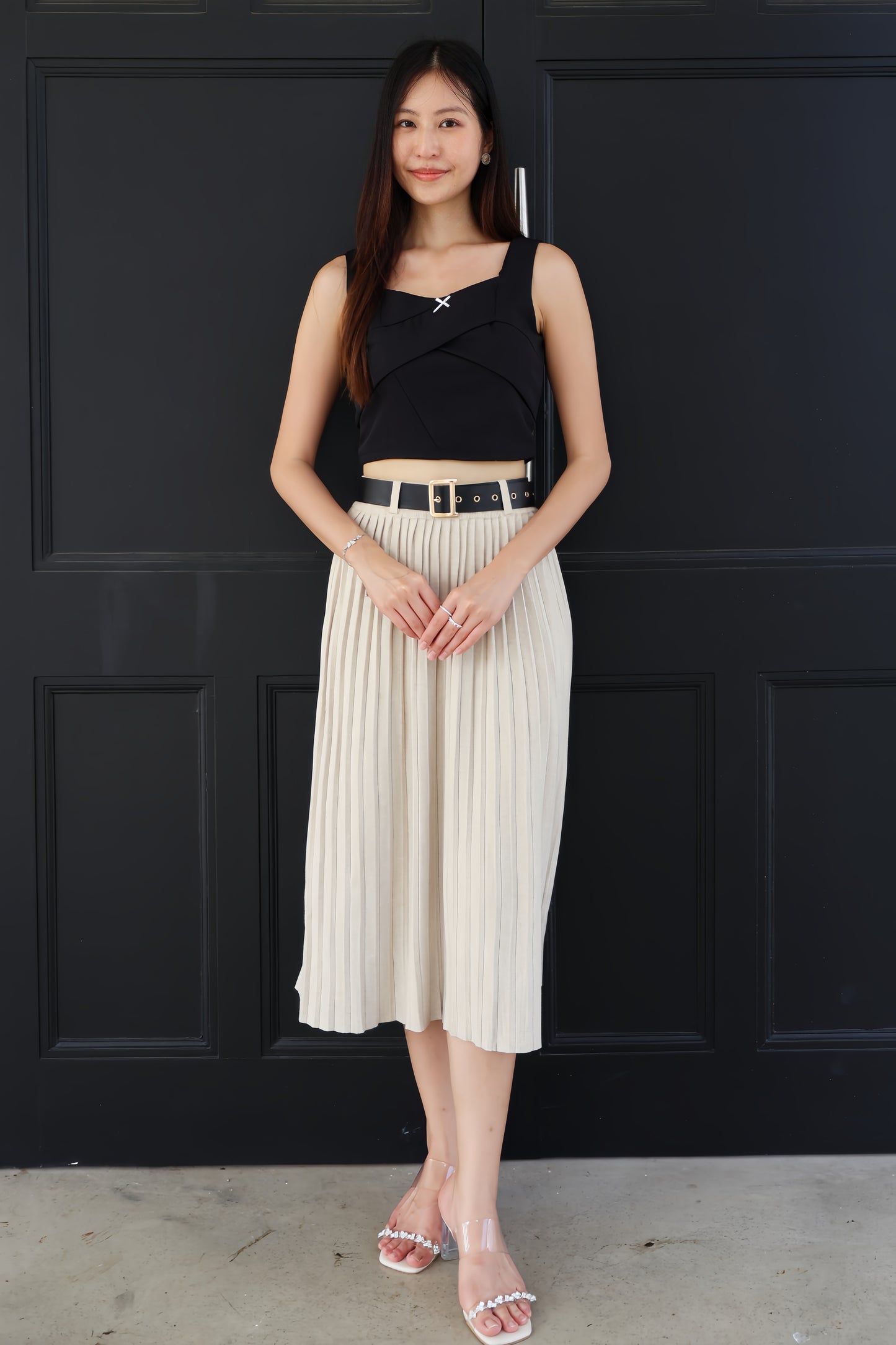 Louisa Belted Soft Knit Pleat Midi Skirt In Cream