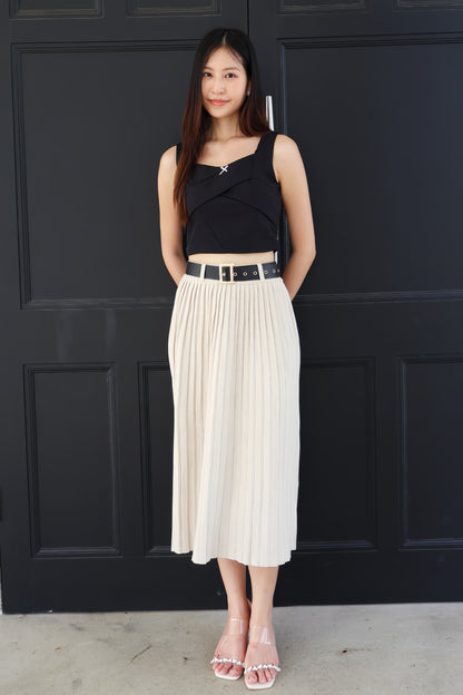 Louisa Belted Soft Knit Pleat Midi Skirt In Cream