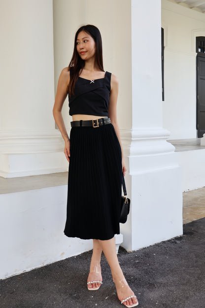 Louisa Belted Soft Knit Pleat Midi Skirt In Black