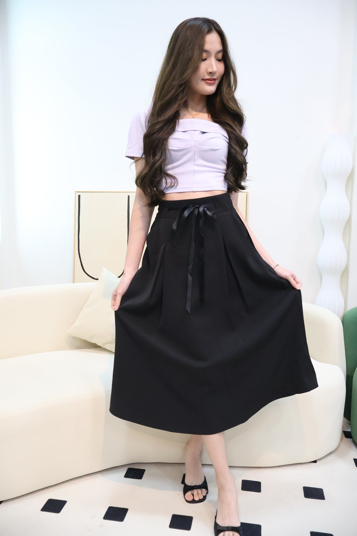 Lareina Ribbon Midi Pocket Skirt In Black