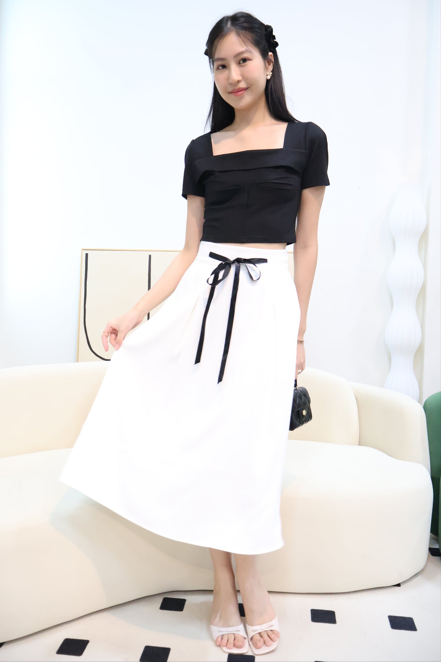 Lareina Ribbon Midi Pocket Skirt In White