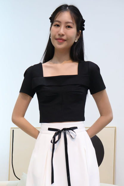 Leila Ruched Square Neck Top In Black