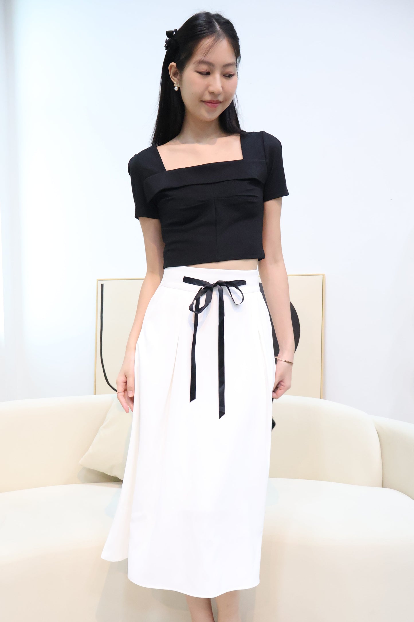 Leila Ruched Square Neck Top In Black