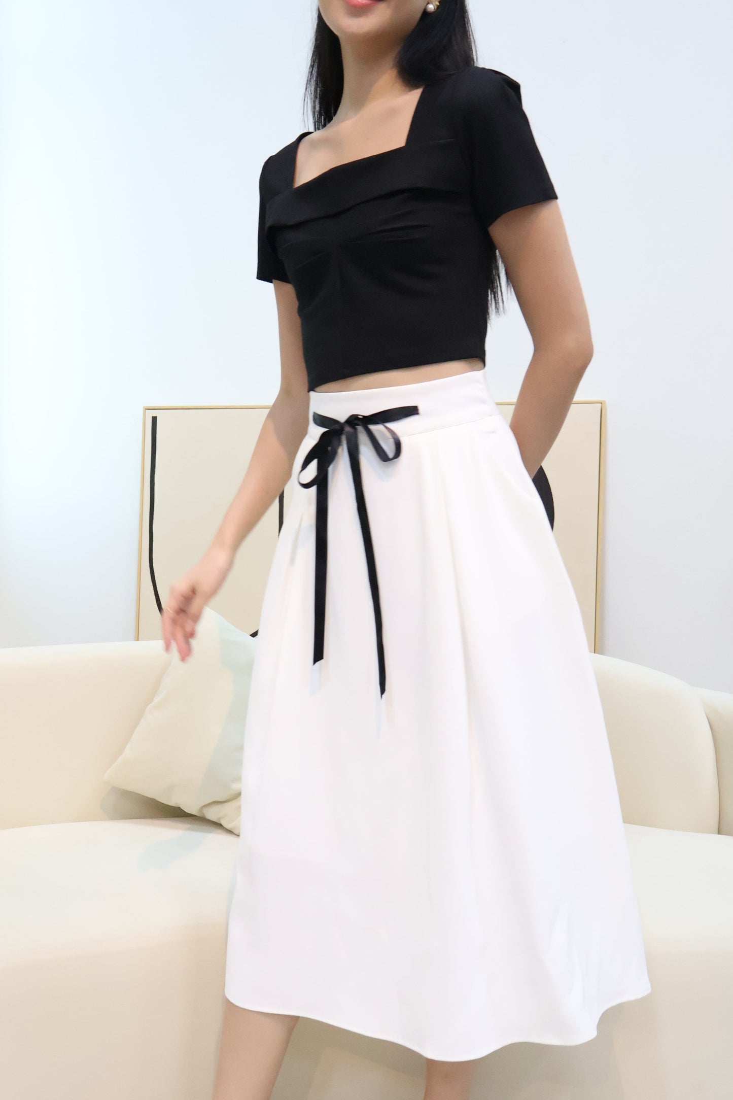 Lareina Ribbon Midi Pocket Skirt In White