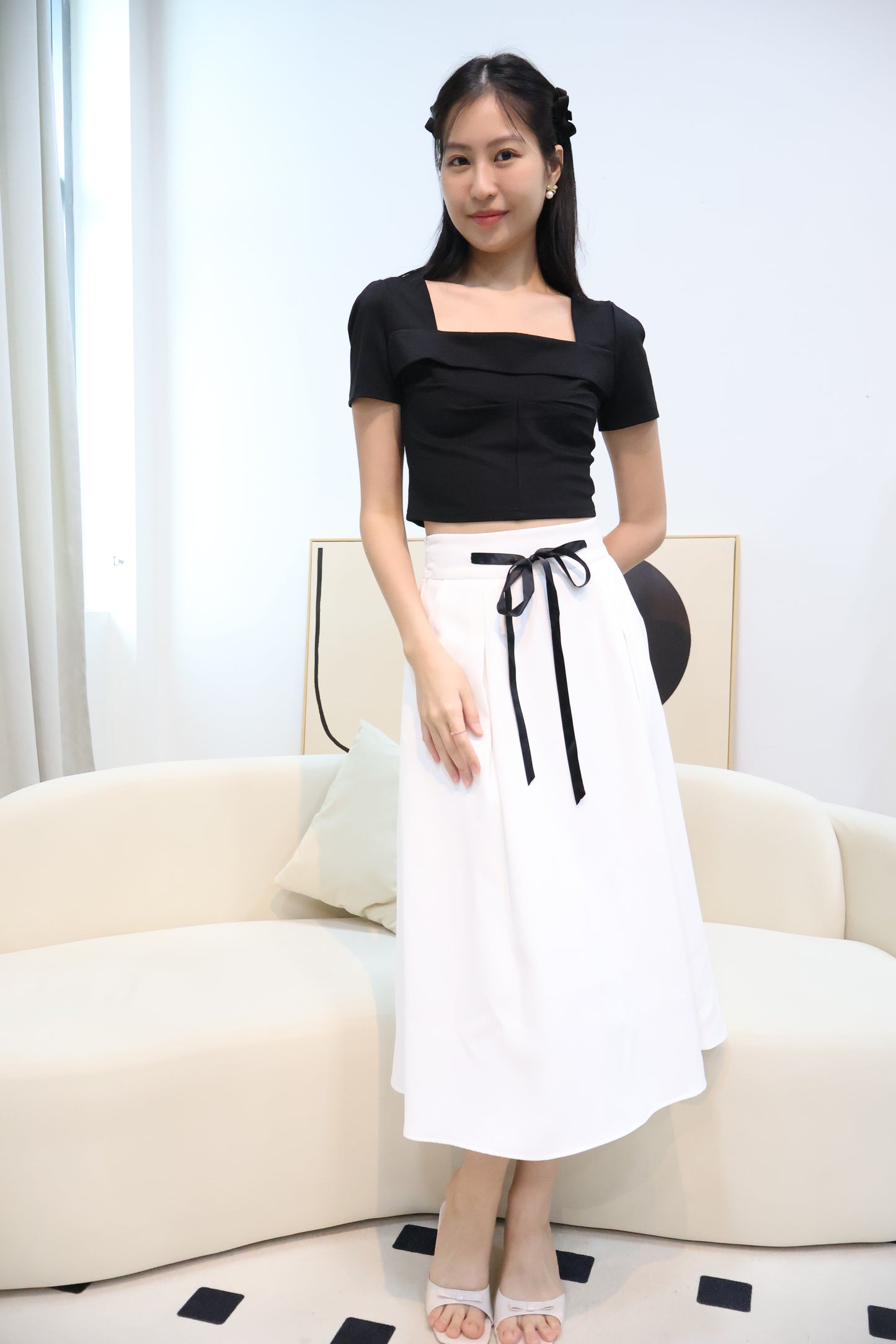 Lareina Ribbon Midi Pocket Skirt In White