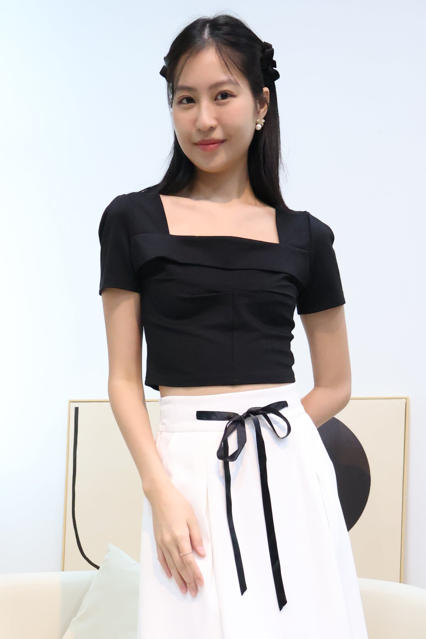 Leila Ruched Square Neck Top In Black