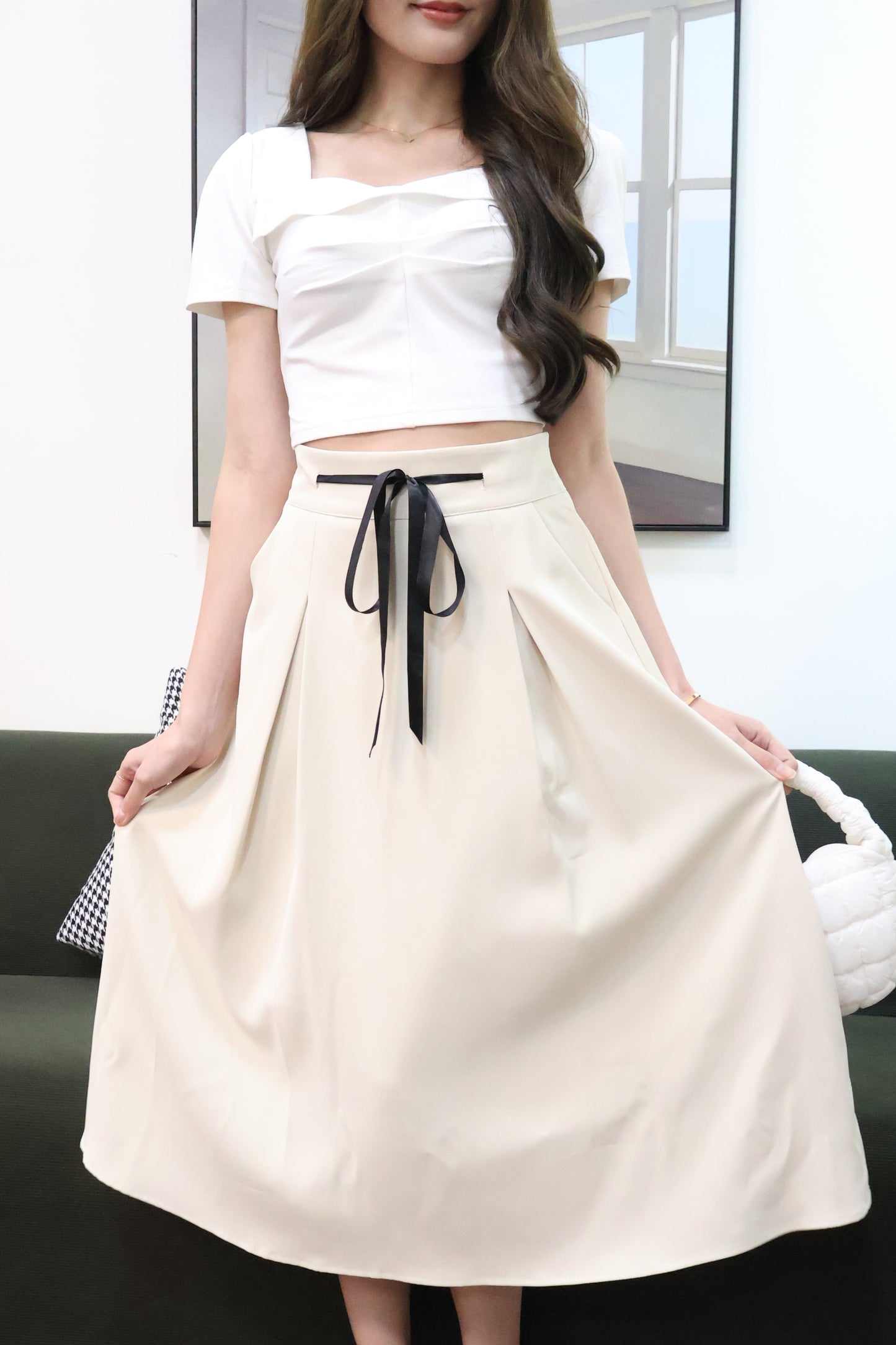 Lareina Ribbon Midi Pocket Skirt In Cream