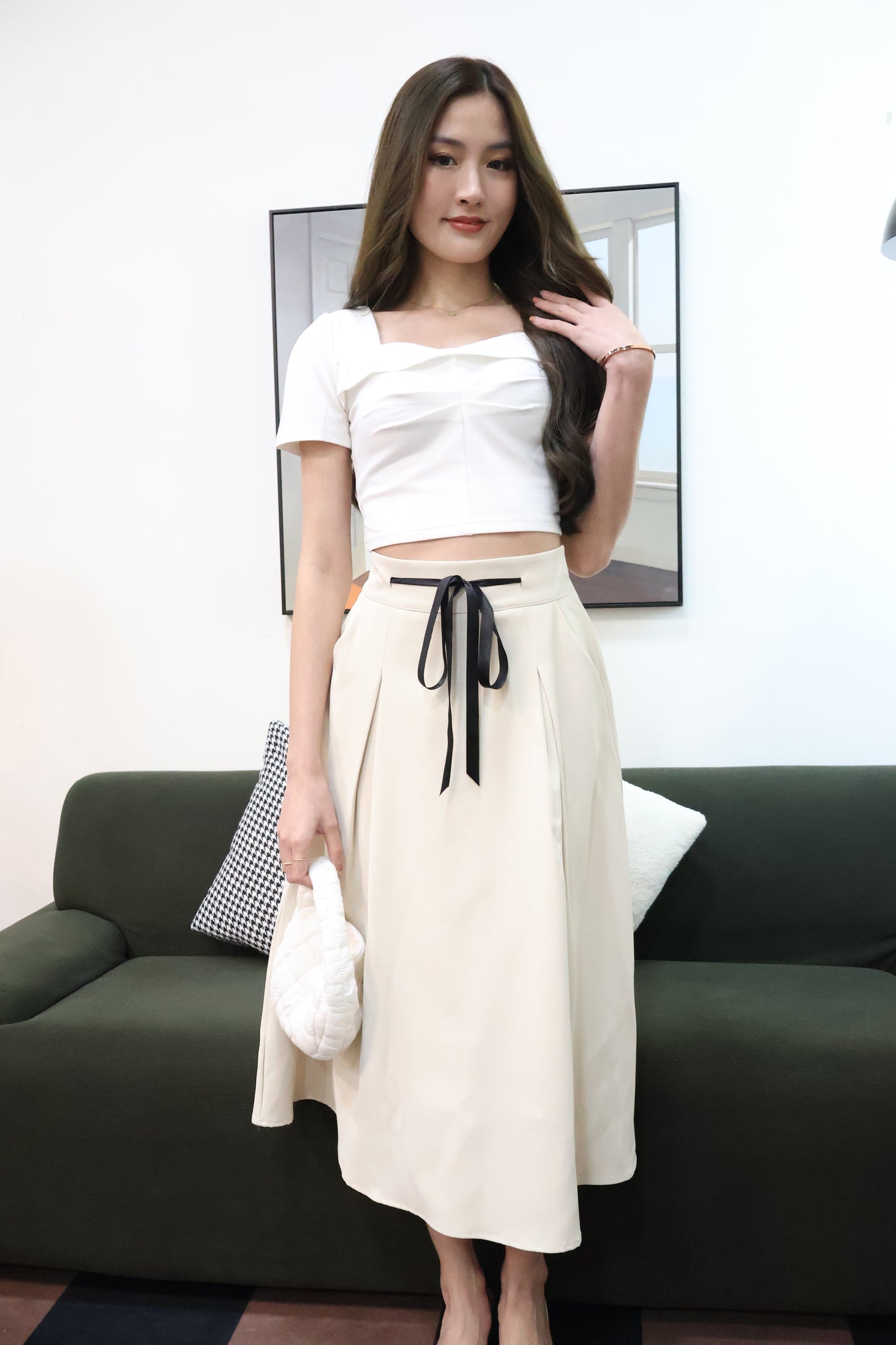 Lareina Ribbon Midi Pocket Skirt In Cream